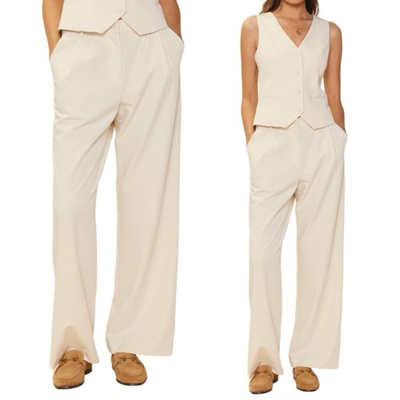 Skies Are Blue Pleated Front High Rise Wide Leg Cream Neutral Trousers - Picture 1 of 16